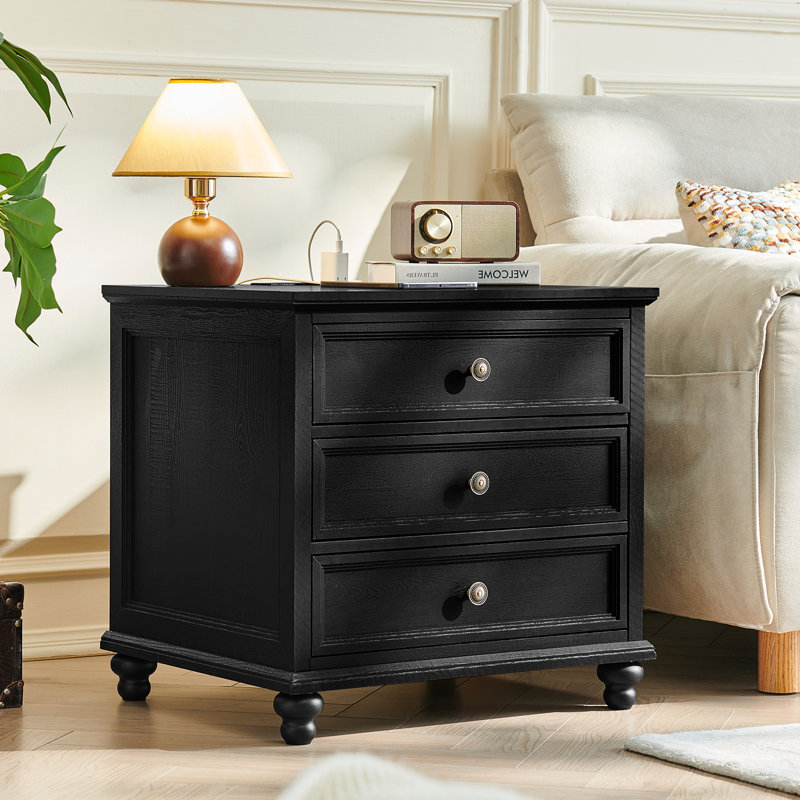 Farmhouse Nightstand With Charging Station, 24" Wide End Table With 3 Drawers,Wood Dresser Cabinet For Bedroom, Bed Side Table Chest Of Drawers,Night Stand For Living Room, Closet
