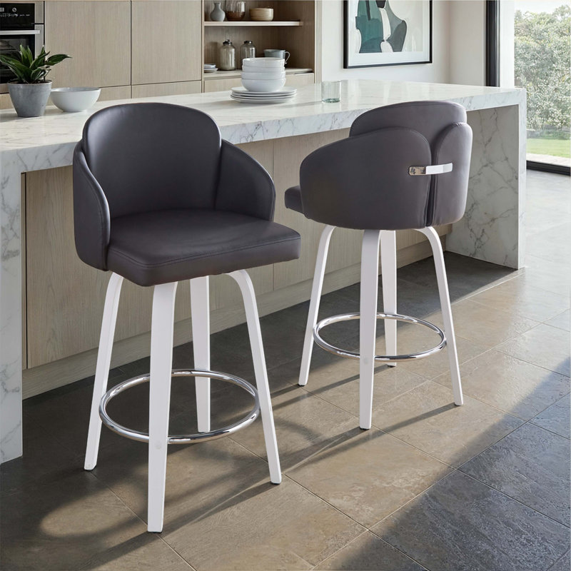 Tabouret de bar à hauteur fixe avec pivot en bois blanc et similicuir noir avec repose-pieds rond chromé - ensemble de 2