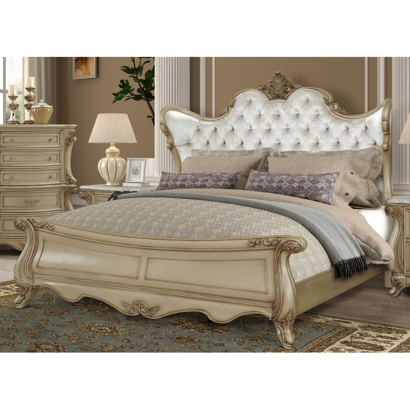 Monique Solid Wood Standard Bed with Upholstered Headboard in Champagne, King