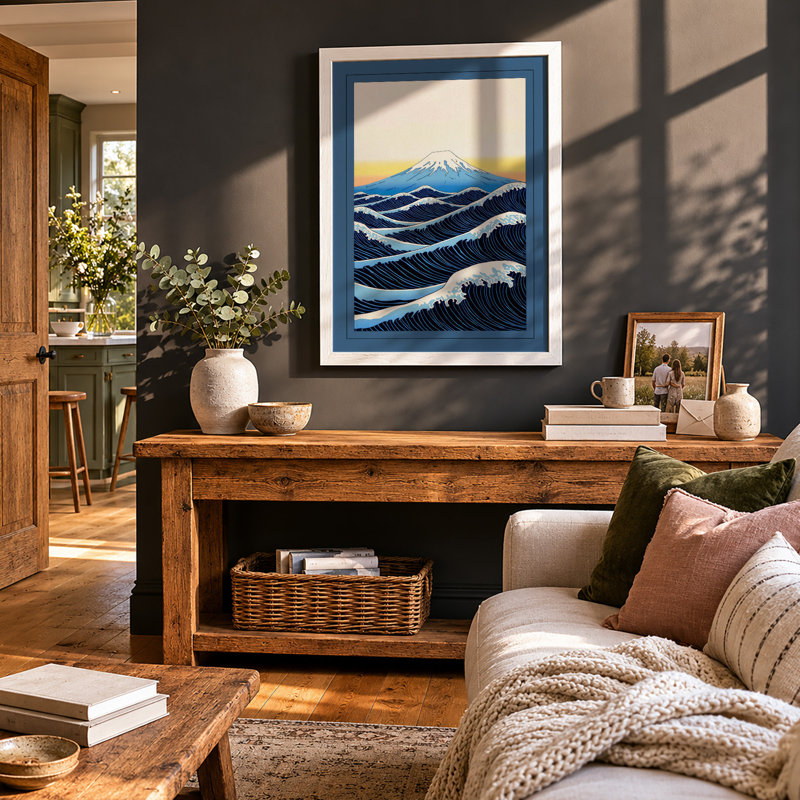 Mount Fuji and Waves Japandi - Framed Print, A2 - 59.4 x 42.0 cm, White