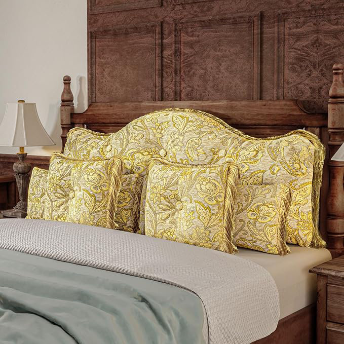 Sit-up Back Comfort Upholstered Button Tufted Headboard Set 5-Piece Chenille Luxury Printed Wall Panels Lumbar Backrest Support Bed Pillow Headboards with 4 Tassels Decorative Throw Pillows Compression
