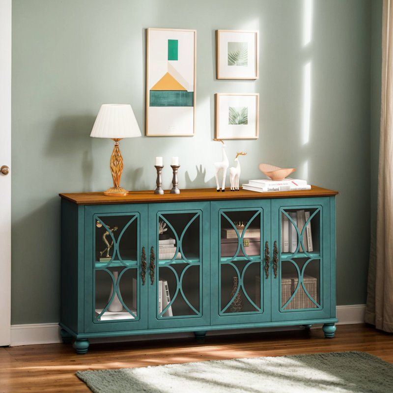 4-Door Cabinet In Dark , Tempered Glass Panels, With Wood Veneer, Ample Storage For Yogurt Elegant Cabinet, Color, , Versatile Home Use
