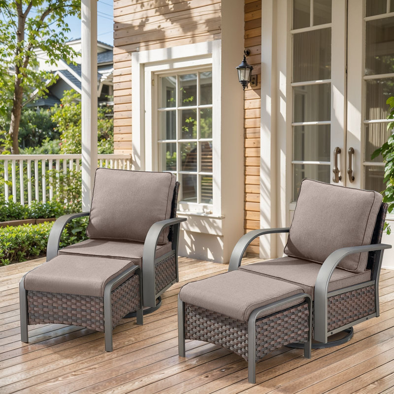 Wyland Outdoor Wicker Swivel Glider Chairs & Ottomans Set With Weather-Resistant Cusions For Patios & Gardens, Gray