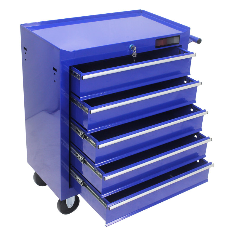 Armoire à outils à 5 tiroirs avec 4 roulettes et verrou, bleu, Bleu