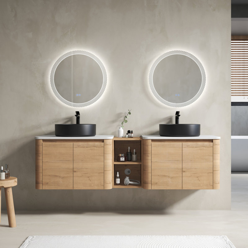 Meuble-lavabo de 183 cm avec lavabo en céramique décorative, 1 tablette de rangement, 4 portes à fermeture amortie, base en contreplaqué – Style de salle de bain contemporain, imitation chêne, dalle en pierre blanche, charnières silencieuses pour un gain de place