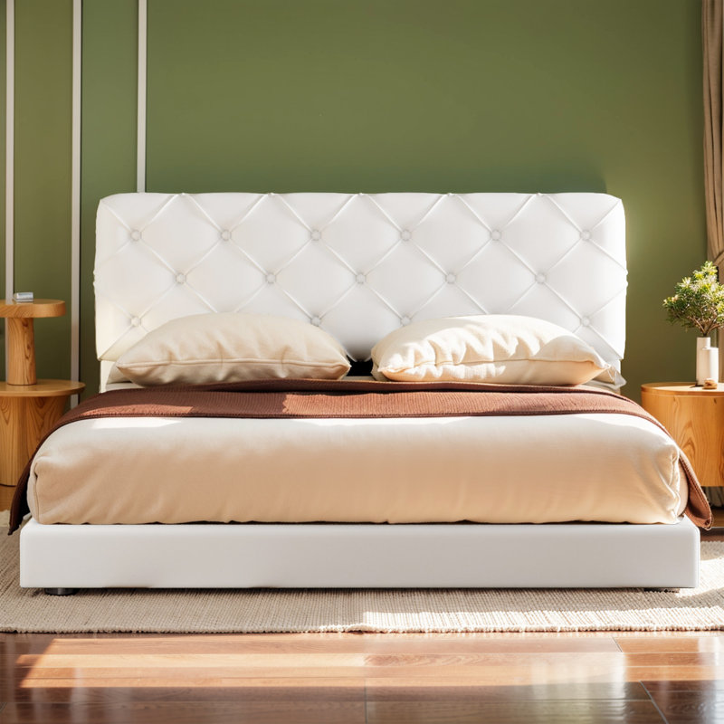 Luxury Upholstered Platform Queen Bed With Foam Filled Headboard And Solid Solid Wood Construction, White