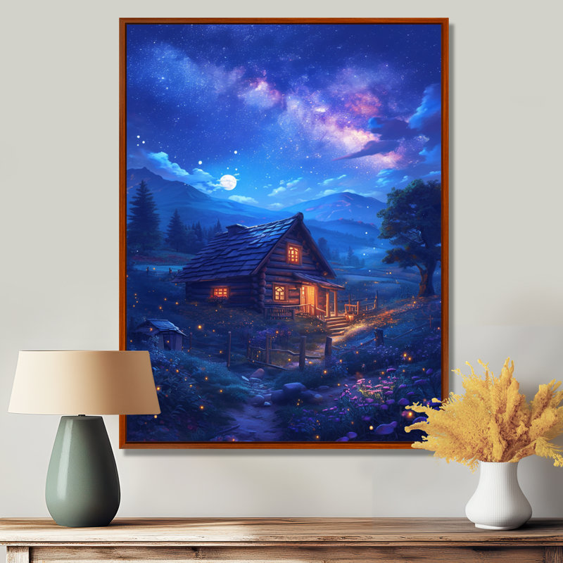 Maison de campagne sur la montagne, nuit magique - campagne, art mural, Toile avec cadre flottant brun