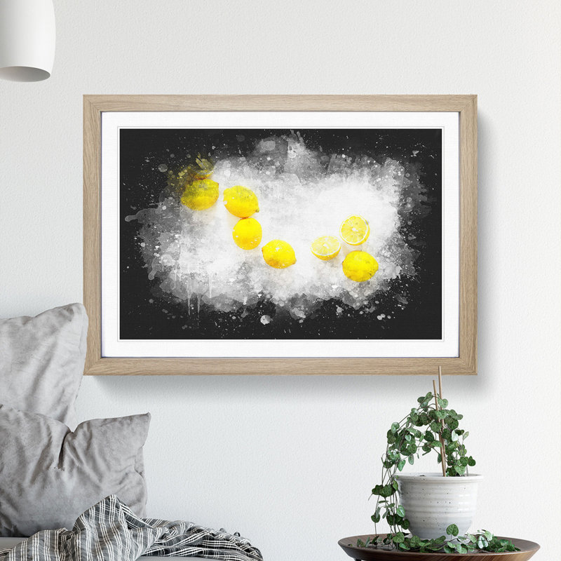 Lemon Fruit Paint Splash - Picture Frame Graphic Art, 33cm H x 45cm W x 2cm D, Oak Framed