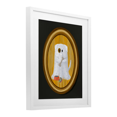Ghost Dog with Bone Framed Print Under Glass, design by Jennifer Stith