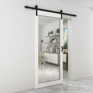 Porte de grange intérieure coulissante en panneau de fibres à densité moyenne noir 36 po x 84 po avec quincaillerie et poignée de porte