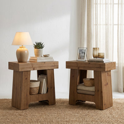 Rustic Solid Wood End Table, Rectangular Side Table with Storage Shelf