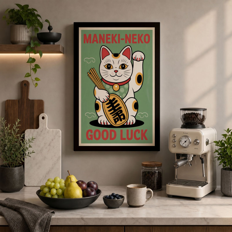 Lucky Cat Welcomes Japandi - Wrapped Canvas, 30x20 - 76.2 x 50.8 cm, Taupe Border
