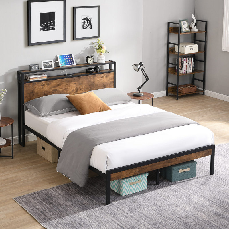 Structure de lit plateforme en métal avec tête de lit et pied de lit en bois avec USB LINER Aucun grand sommier nécessaire pour le rangement