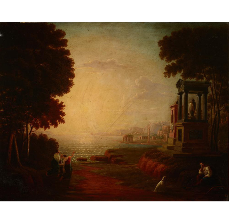 "Paysage avec une baie de mer et des bâtiments anciens" par Jan Wolanski - Art mural sur toile tendue avec châssis