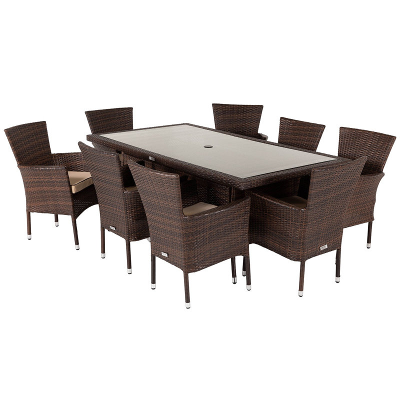 Copenhaver 8 - Person Patio Dining Set with Rectangular Table , Cushions Included, Chocolate/Cream