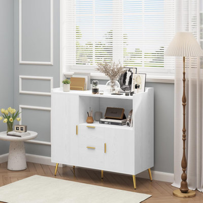 Armoire de rangement moderne moderne en bois noir avec 2 portes et 2 tiroirs, station de café compacte pour cuisine, salon, appartement, salle à manger, meubles, 39,37 x 15,75 x 37,40 pouces, blanc