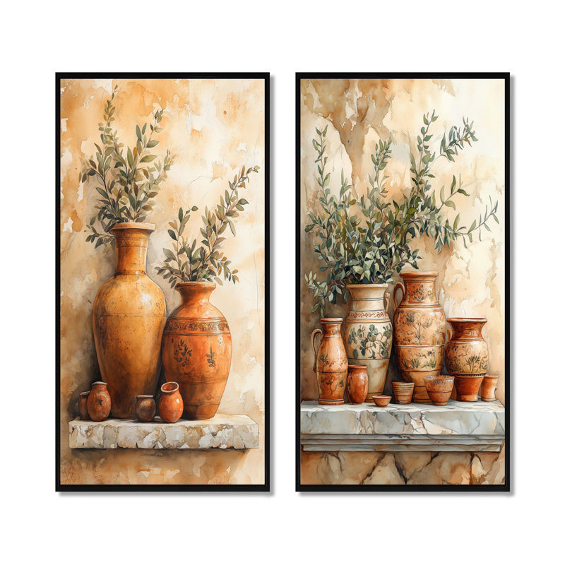 «Pottery Still Life», ensemble d'art mural 2 pièces, H 32 po x l 32 po, Cadre flottant noir