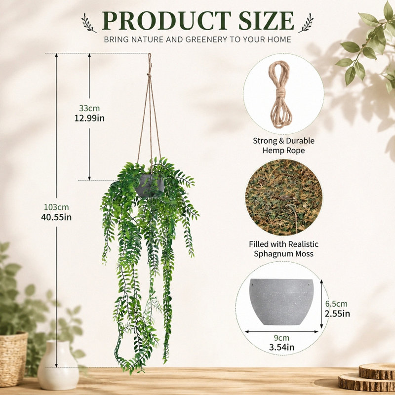 40,55 pouces plante de vigne artificielle à suspendre, paquet de 2 verdure artificielle en pot de pâte à papier avec corde de chanvre robuste pour plafond mural