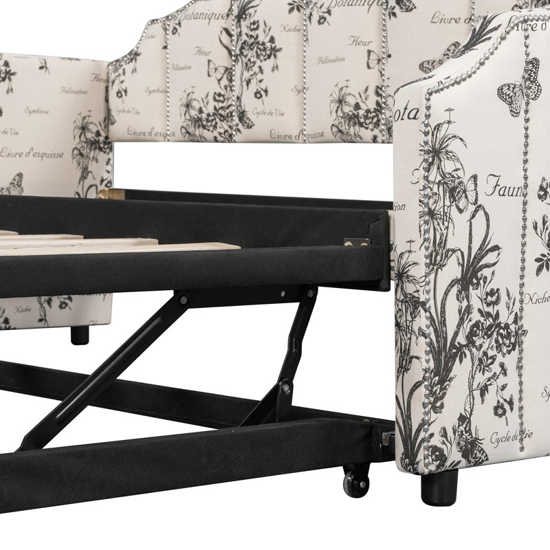 Upholstered Daybed with Pop-Up Trundle & USB Charging Ports, White Tossed Botanical