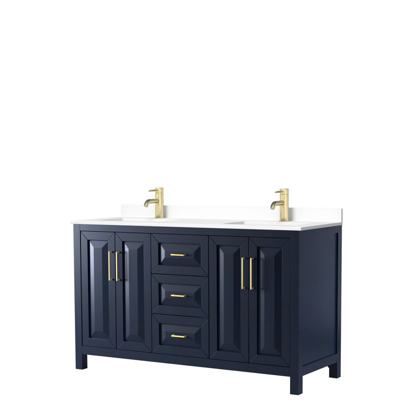 Daria 60'' Double Bathroom Vanity with Carrara Marble Top, Dark Blue, White Cultured Marble, Brushed Gold