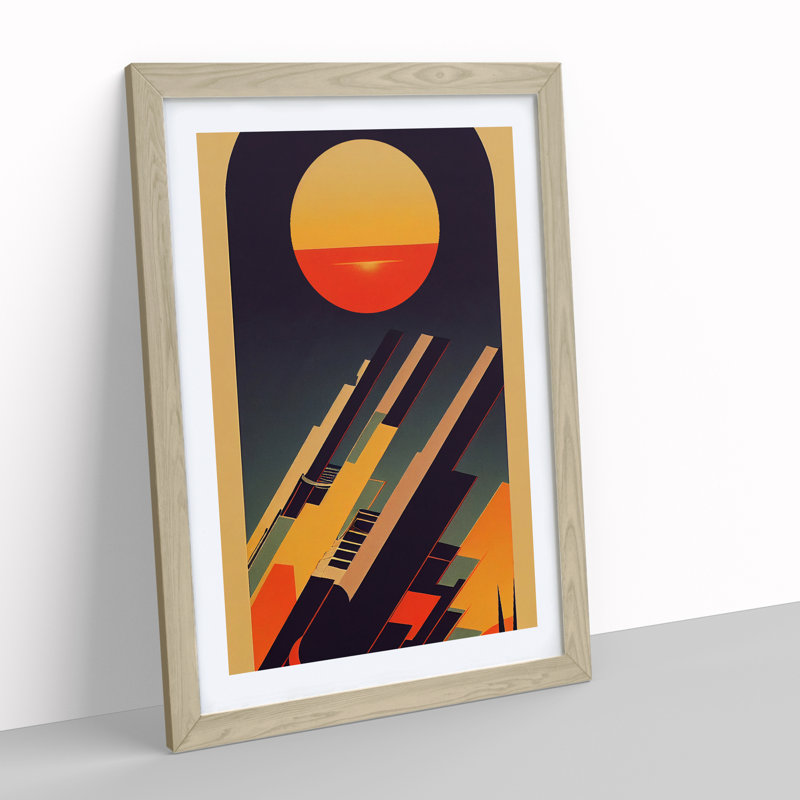 XV1022-3815X Retro Sunset Art No.2 - Single Picture Frame Print, 64cm H x 46cm W x 2cm D, Oak