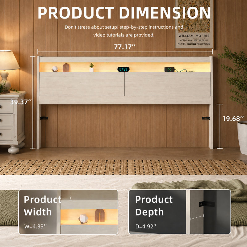 King Size Headboard with LED Lights, Storage Compartment & Built-in Charging Station, White Wood Grain Modern Headboard Only for Bed with RGB Ambient Light, Remote & App Control