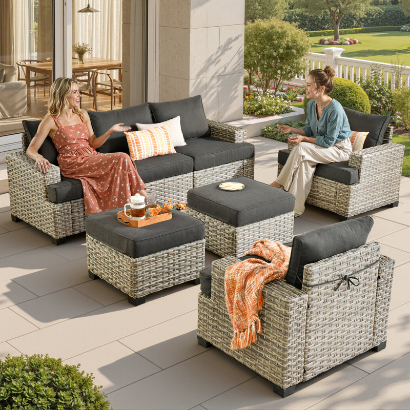 Ensemble de conversation pour 7 personnes avec chaises, ensemble de conversation modulaire en rotin et osier avec coussins, ensemble de conversation pour canapé toutes saisons avec repose-pieds pour jardin