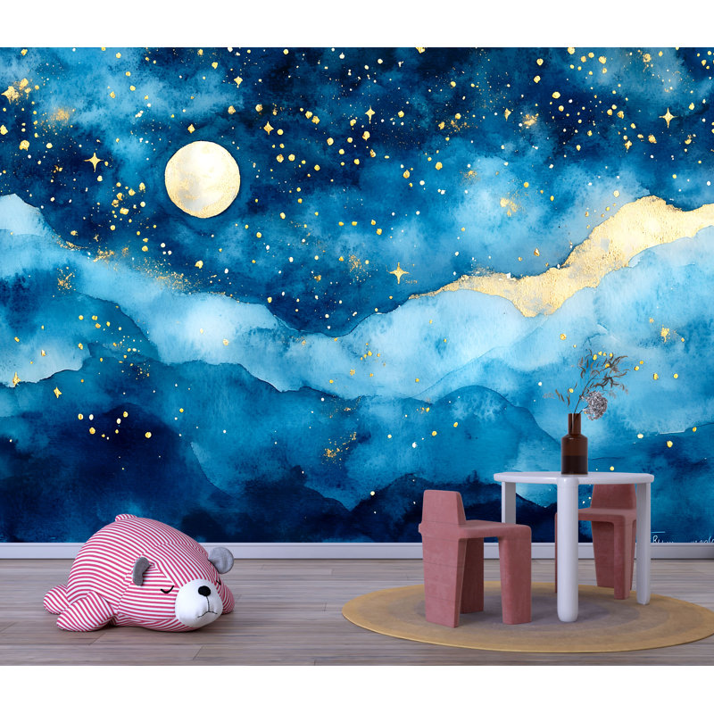 Adhésif mural lune et étoiles - Papier peint aquarelle, décor de rêve pour chambre d'enfant ou chambre à coucher Vn858 (Peel-N-Stick) VN858