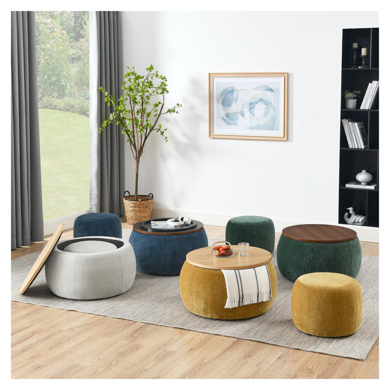 Repose-pieds rond avec rangement 2 en 1 - Meuble d'appoint multifonction gris clair, fonctionne comme table de bout et siège supplémentaire, aucun assemblage requis