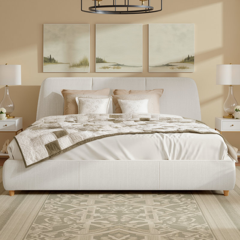 Lit plateforme tapissier en lin avec pieds en bois massif Cocoon, Grand lit