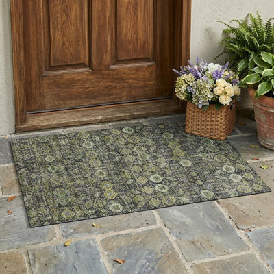 2' X 3' Blue and Green Floral Washable Non Skid Indoor Outdoor Area Rug