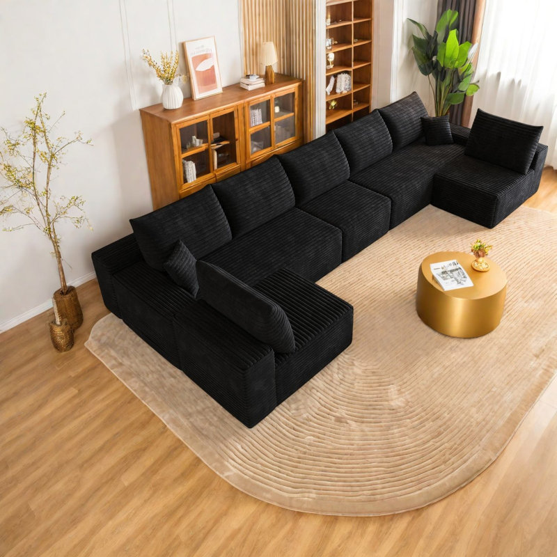 Canapé d'angle à compression, canapé moderne en velours côtelé pelucheux de 166 pouces en forme de U pour la maison, Noir