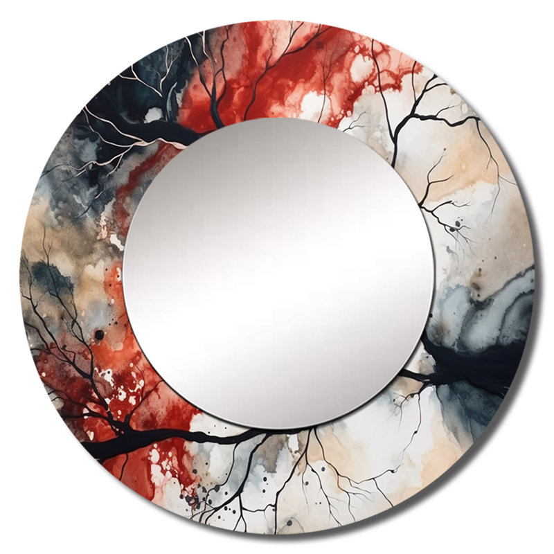 Quamire Red Black Captivating Liquid Ink - Geometric Decorative Mirror, Modern Round Wall Mirror, Printed Metal Art
