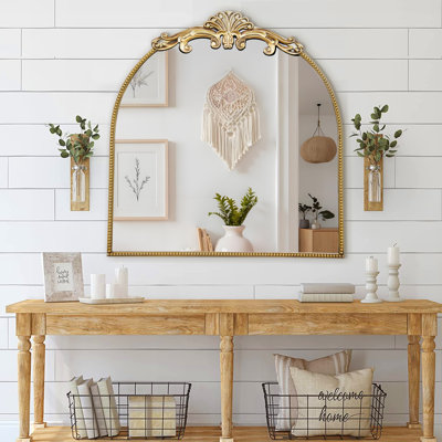 Miroir mural arqué en laiton antique avec écusson orné - miroir décoratif traditionnel rétro