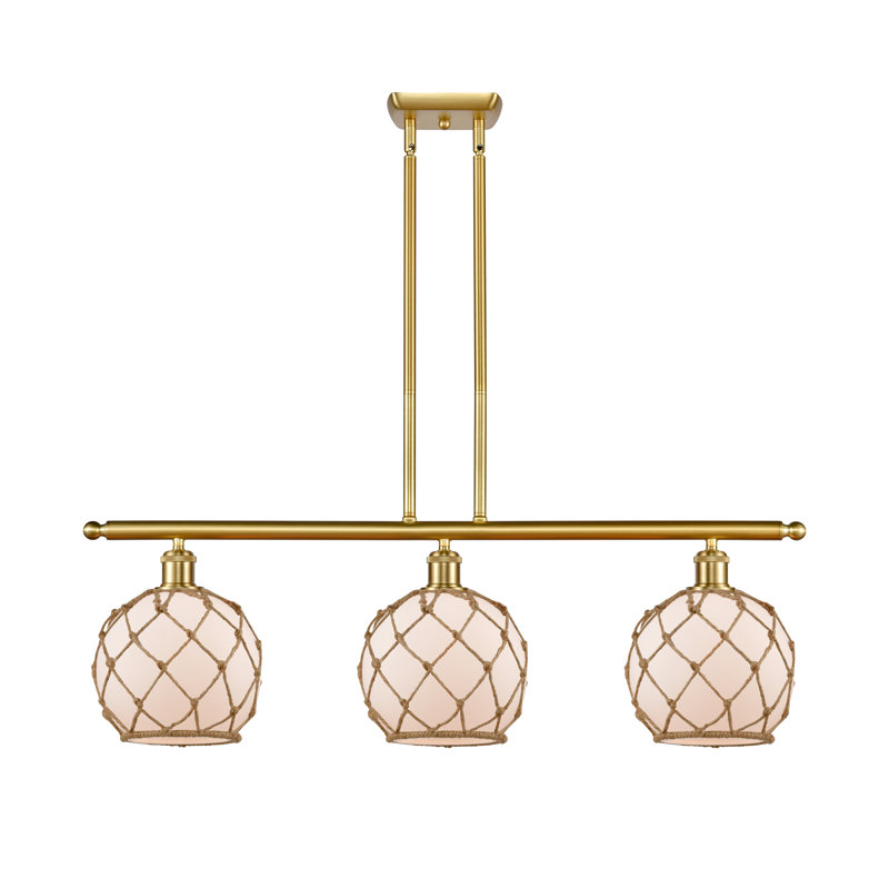 Luminaire suspendu linéaire à 3 lumières pour îlot de cuisine Hildebrandt Farmhouse, Verre blanc avec corde brune