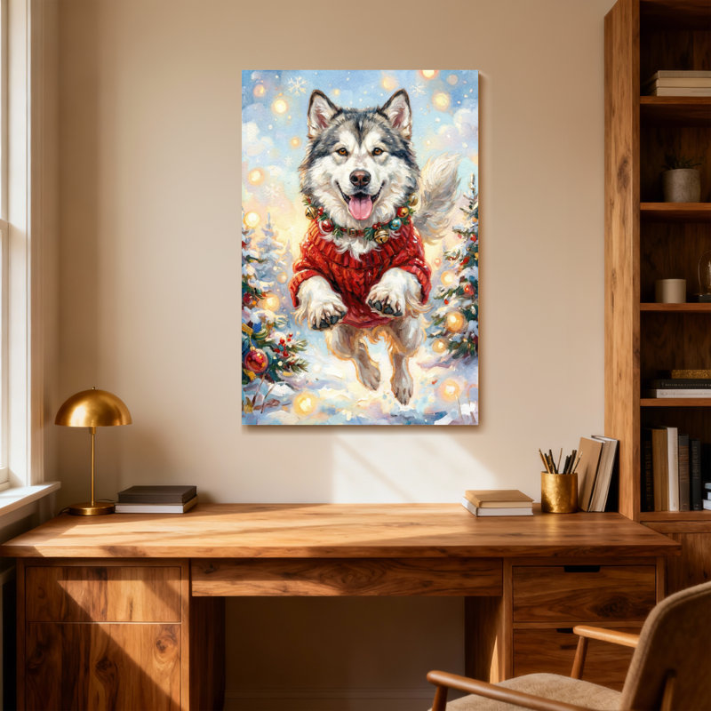 Animaux, chien de Noël en chandail rouge sautant, H 36 po x l 24 po