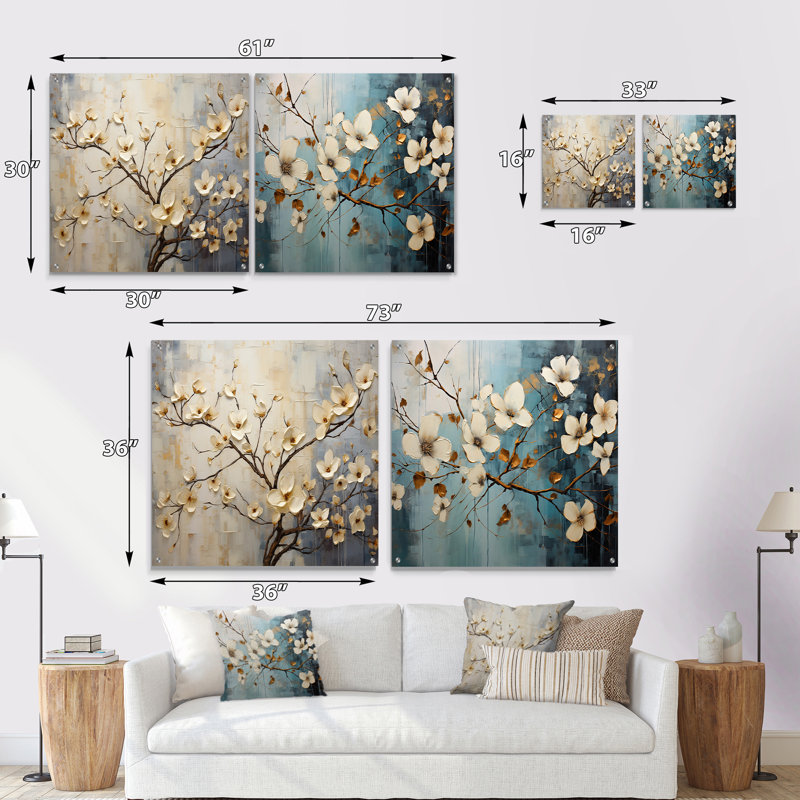 «Peacefulness White Dogwood - Dogwood», ensemble d'art mural en verre acrylique sur 2, H 36 po x l 73 po