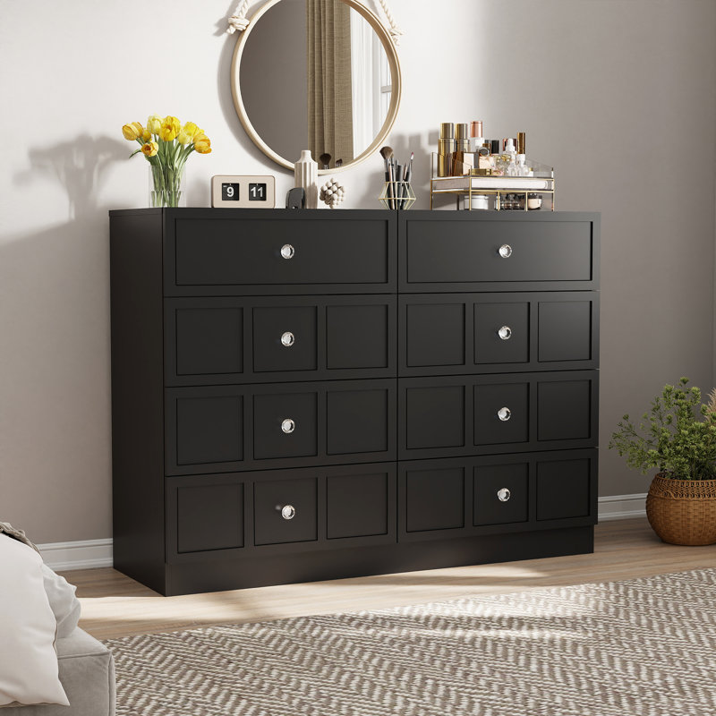 47" W 8 Drawer Dresser - Wood Bedroom Dresser, Double Dresser for Bedroom, Black