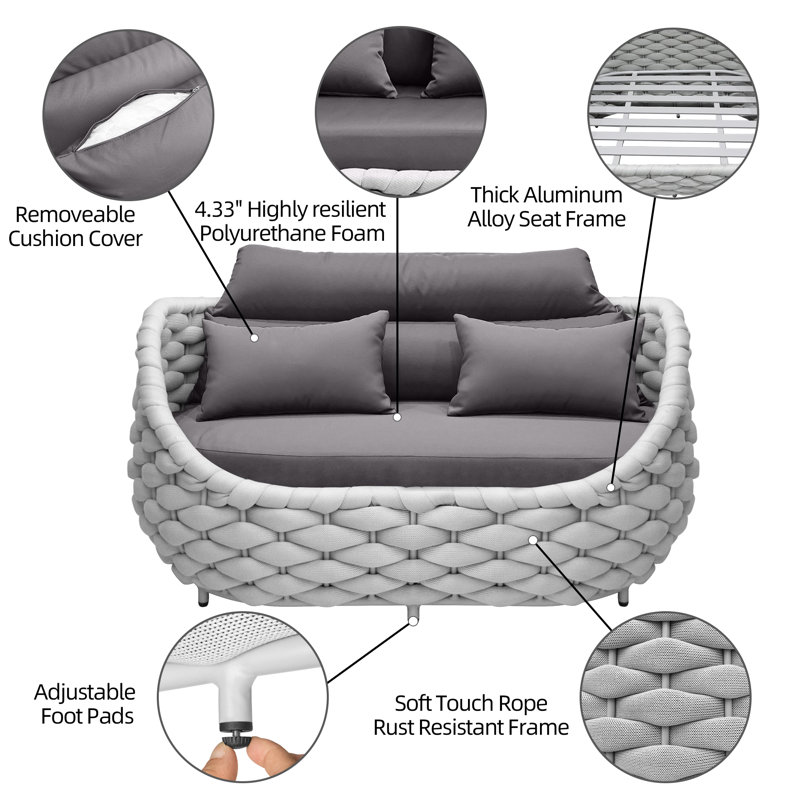 Causeuse d'extérieur en corde thermolaquée en aluminium tissée à la main avec coussins, Gris foncé, Gris clair