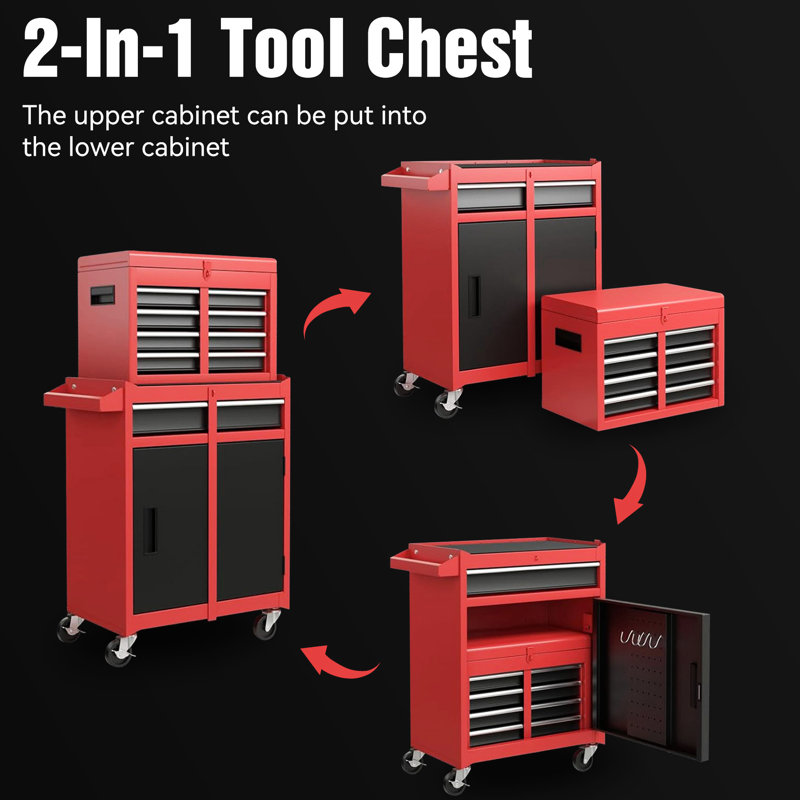 Coffre à outils rouge détachable à 5 compartiments avec tablette - Roues anti-rayures et verrouillables pour garage, rangement roulant, doublure en acier pour atelier