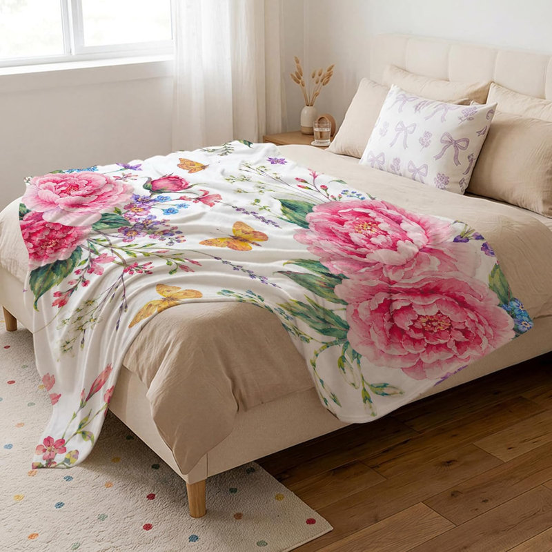 Couverture fleurie rose à papillons, 76 x 102 cm (30 x 40 pouces), idéale comme cadeau., L 7,87 po x l 9,84 po