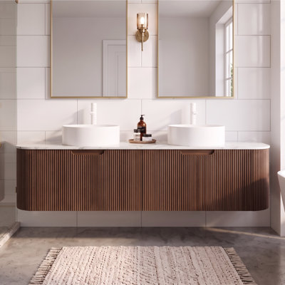 Meuble-lavabo mural de 60 po pré-assemblé, armoire en contreplaqué avec 2 tiroirs à fermeture en douceur, comptoir en pierre frittée et lavabo vasque rond en céramique avec trou de robinet pré-percé