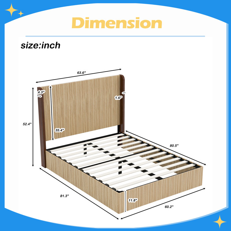 Structure de lit plateforme en bois dentelé grand format, tête de lit en forme d'aile de couleur assortie, aucune planche de lit à ressorts requise, facile à assembler, avec surface en bois naturel, convient comme lit de chambre à coucher