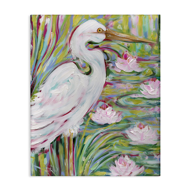«Great Egret & Lotus», art mural sur toile par Estelle Grengs, H 20 po x l 16 po