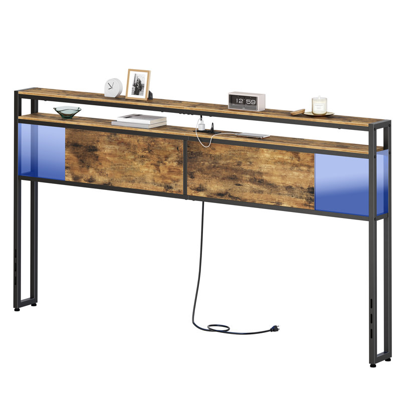 Tête de lit avec lumière DEL et station de charge Lutske l 76 po x H 40 po, hauteur réglable, Très grand lit, Brun
