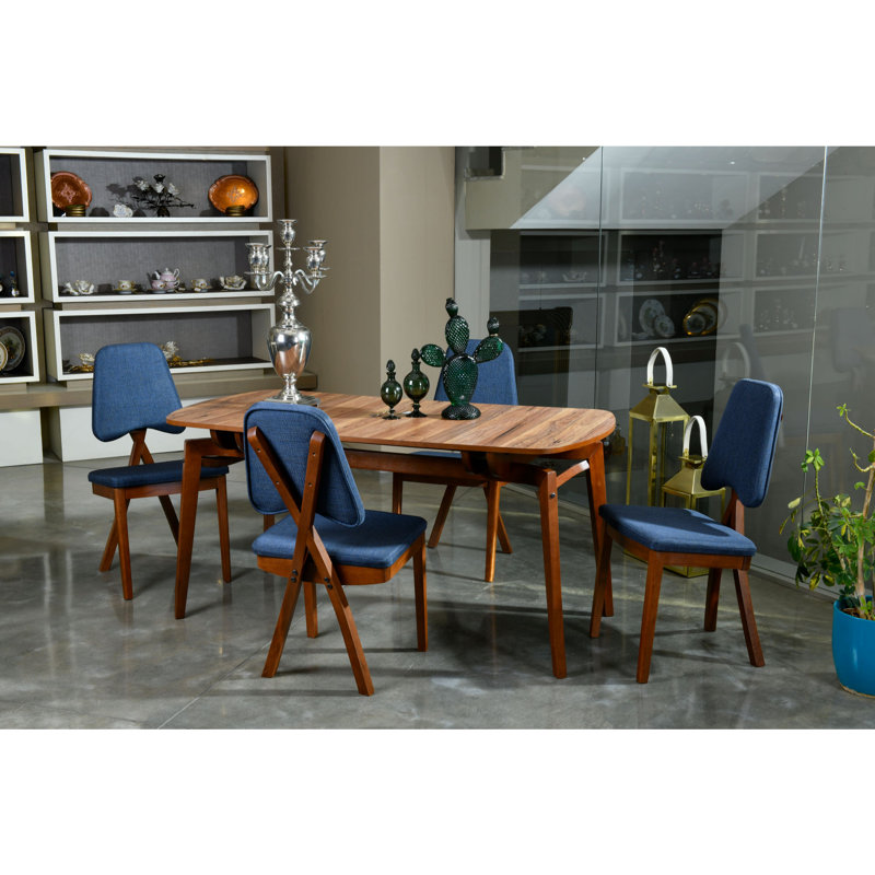 Ensemble repas pour quatre personnes, Noyer / Bleu