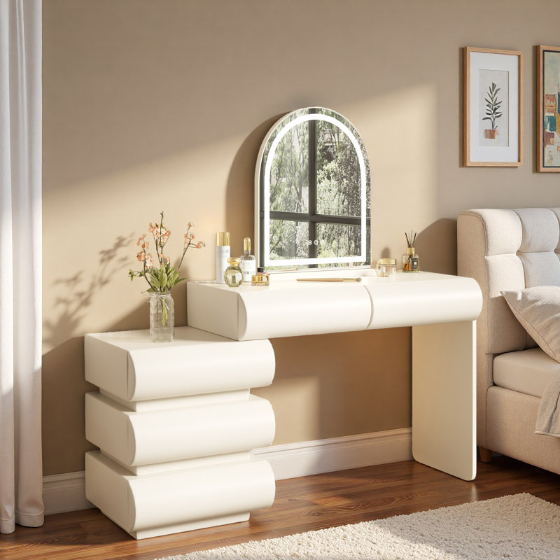 Luxury 2-in-1 Vanity Table With Leather Finish, 3-color Led Lighted Mirror, Adjustable Length And 5 Storage Drawers