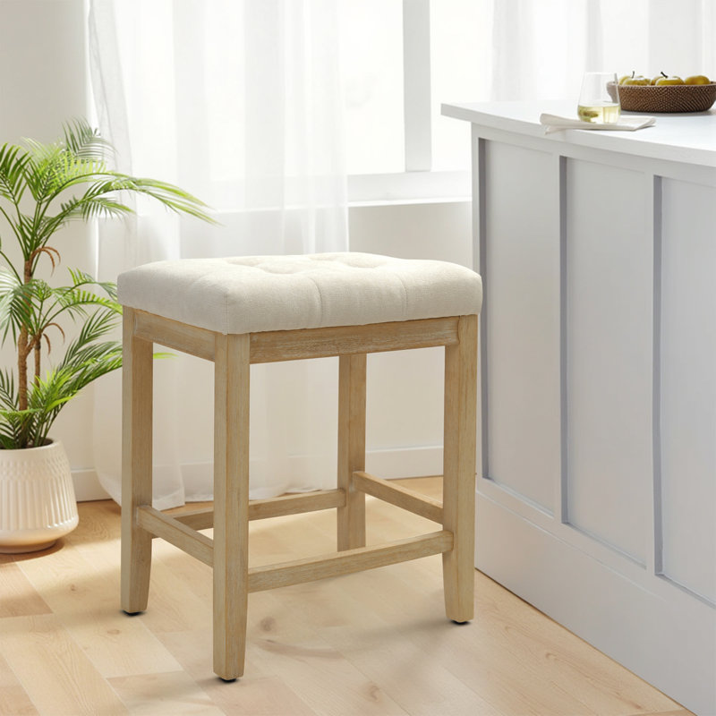 24" Yerly Extra-Wide Vintage Wood Bar Stool With Hand-Brushed Finish, Beige
