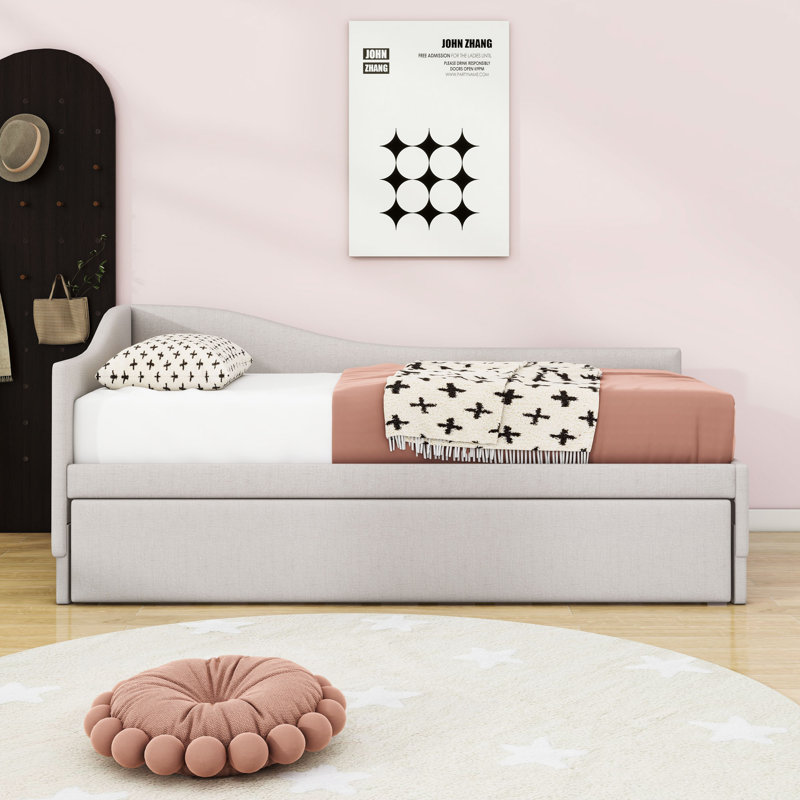 Twin Wooden Upholstered Daybed with Twin Trundle and Slats, Beige