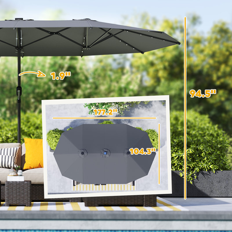 Parasol double 14,8 pi, grand parasol de terrasse avec lumière solaire à DEL pour le jardin, Gris